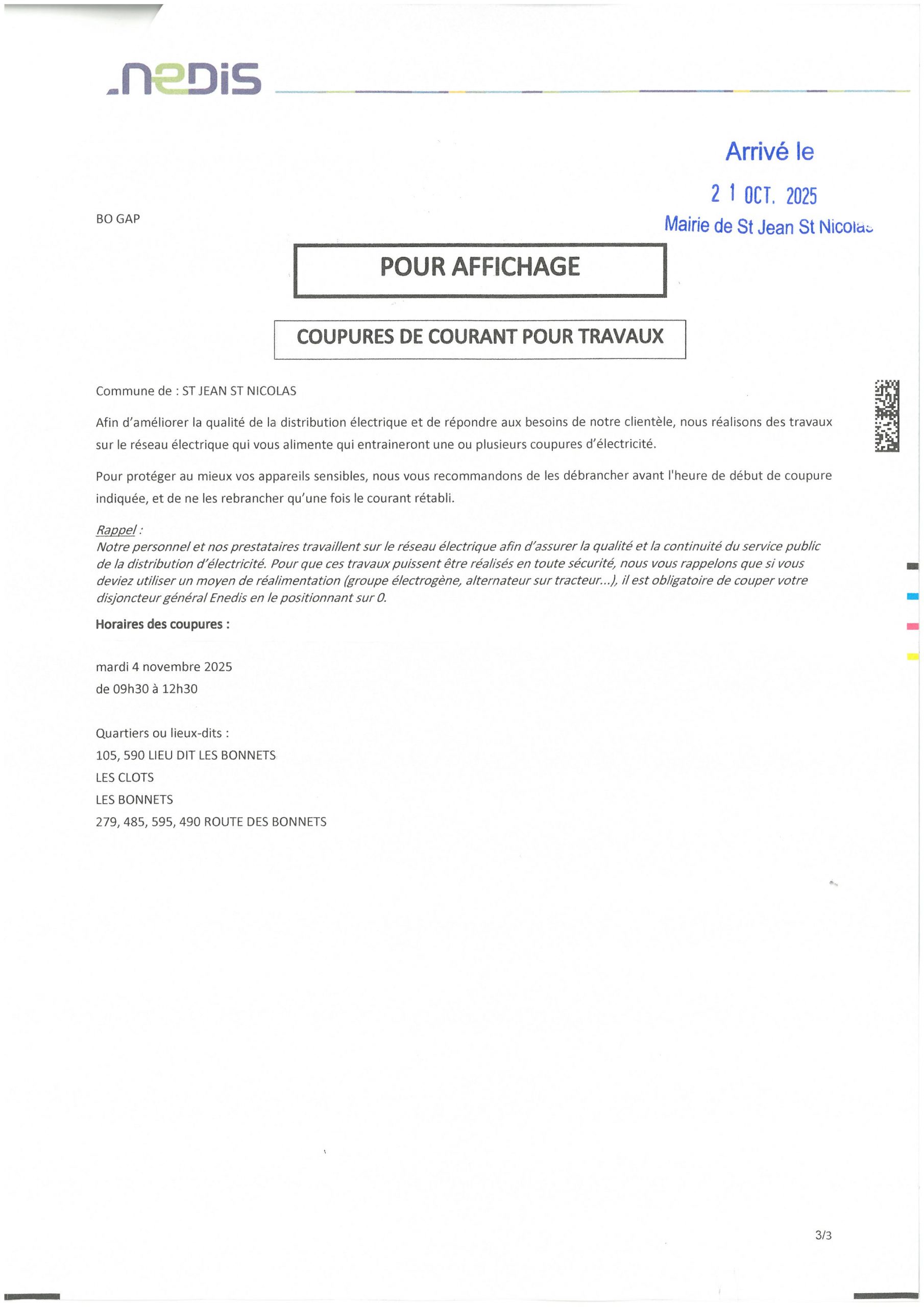Lire la suite à propos de l’article ENEDIS: COUPURE SECTEUR LES BONNETS LE 04/11/2025