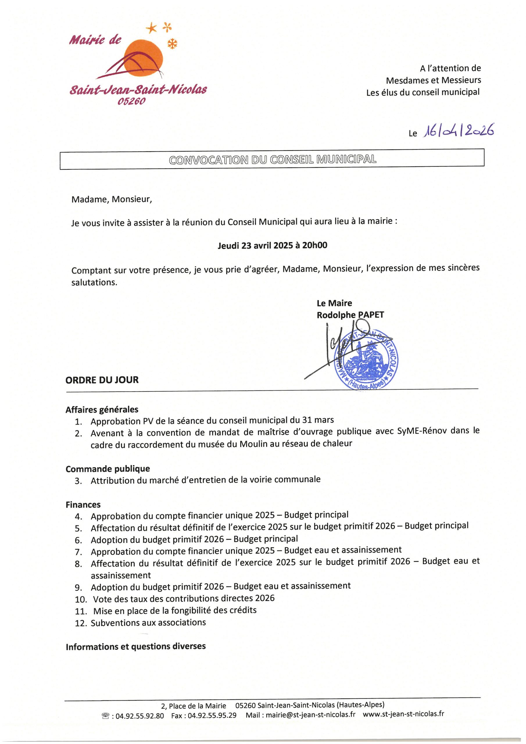 Lire la suite à propos de l’article Conseil Municipal du 23 avril 2026