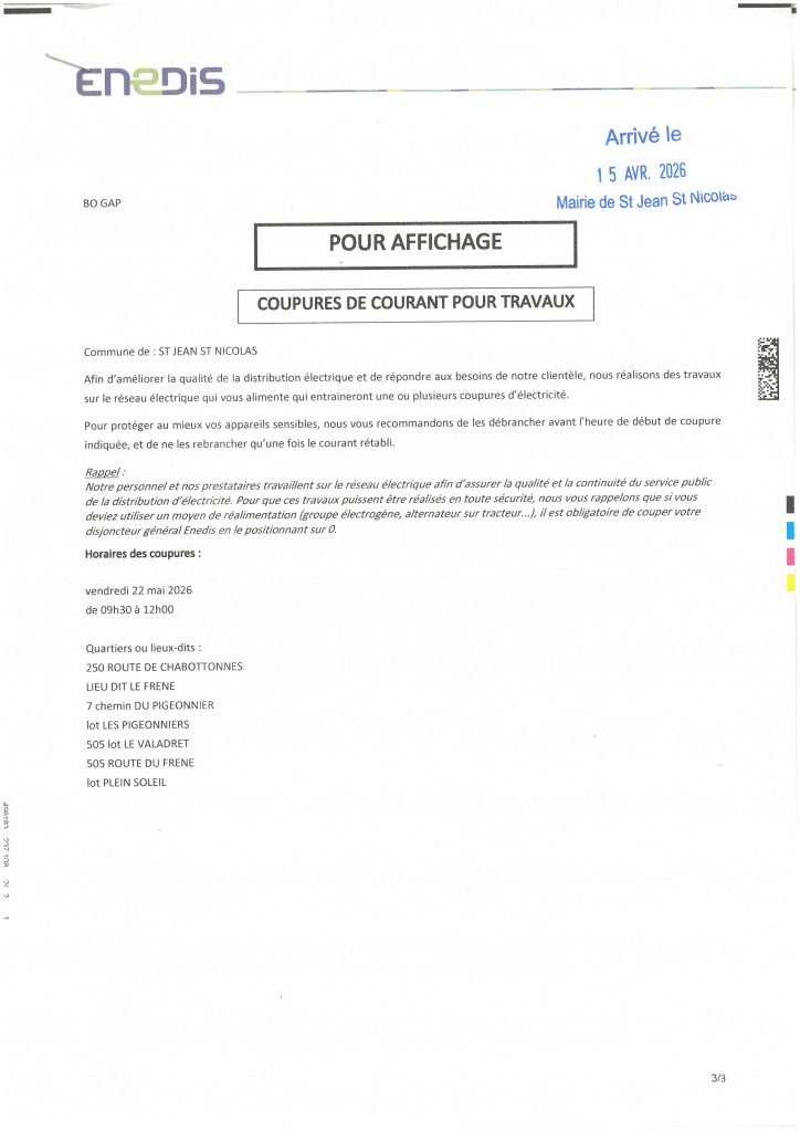ENEDIS: Info coupure du 22/05