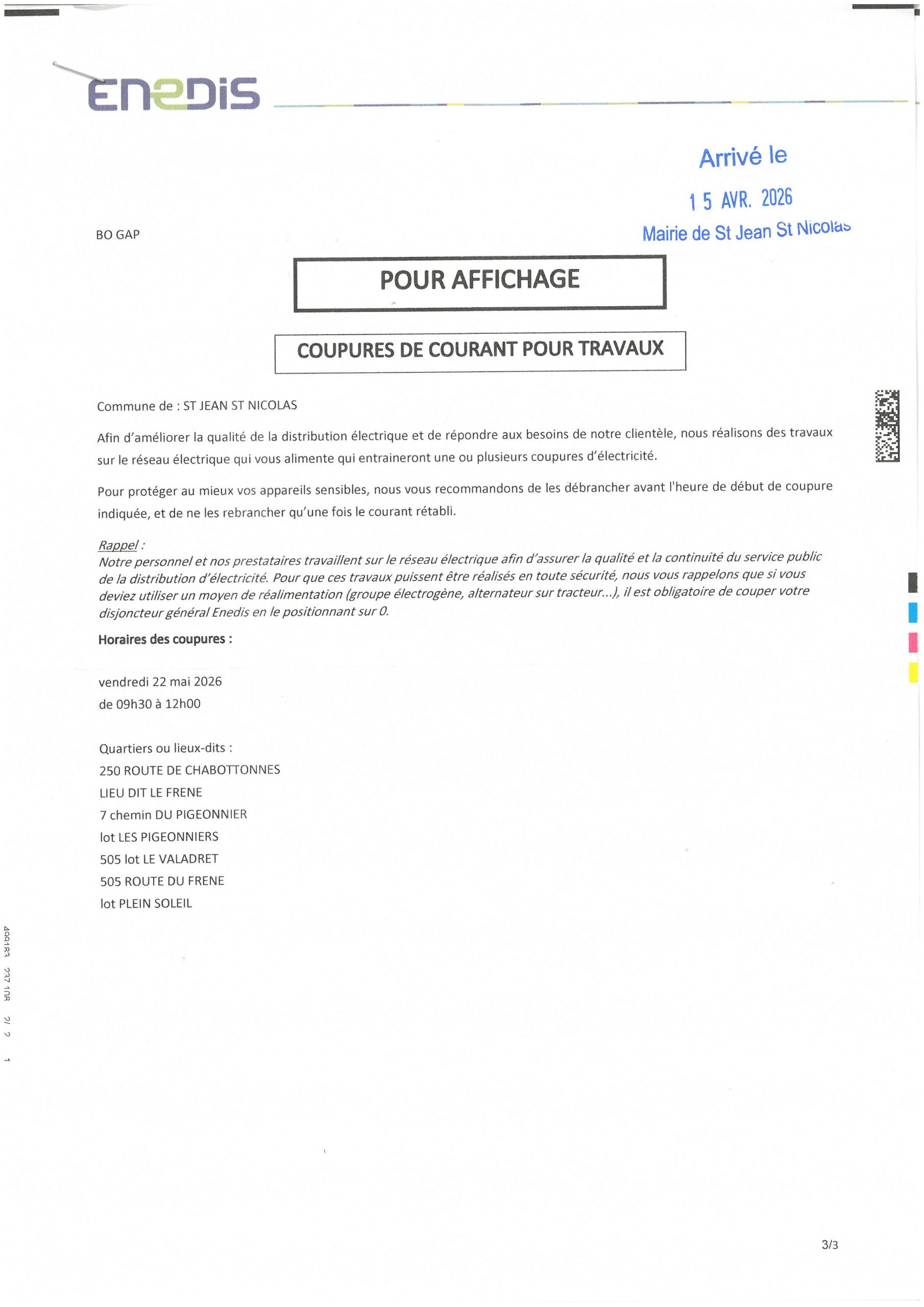 Lire la suite à propos de l’article ENEDIS: Info coupure du 22/05